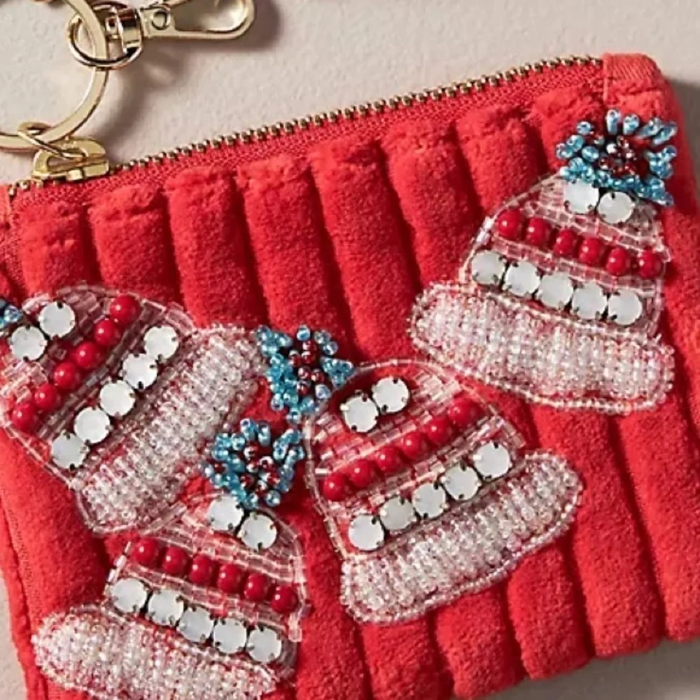Anthropologie Beaded Holiday icon Red Beaded Coin Purse